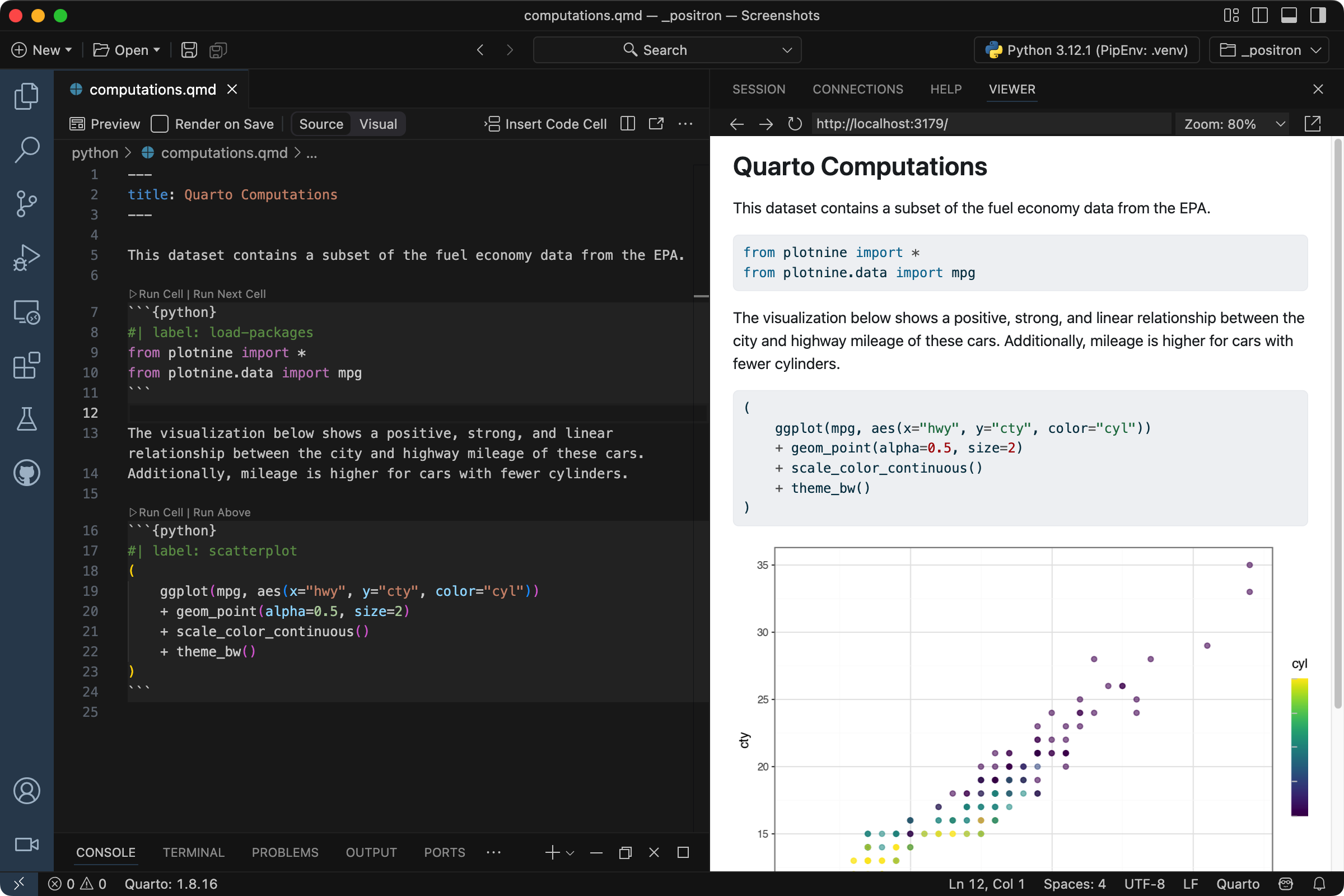Positron with `computations.qmd` open in the Editor. The document is being previewed in the Viewer.