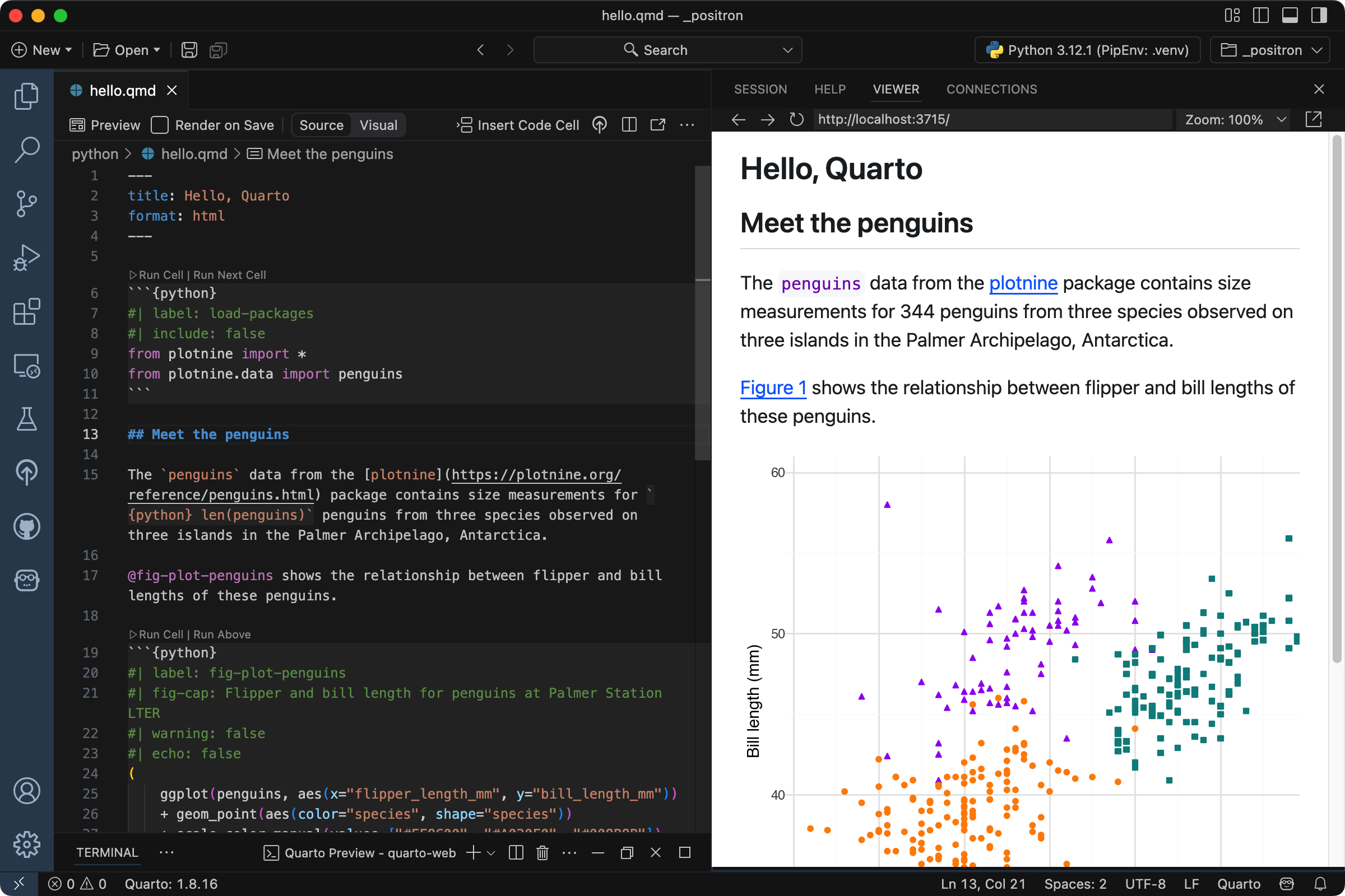 Positron with a Quarto document titled "Penguins, meet Quarto!" open on the left side and the rendered version of the document on the right side.
